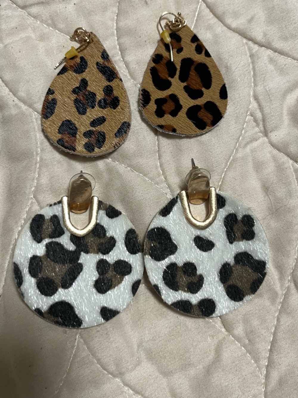 Leopard Print Leather Drop Earrings - Brown/White